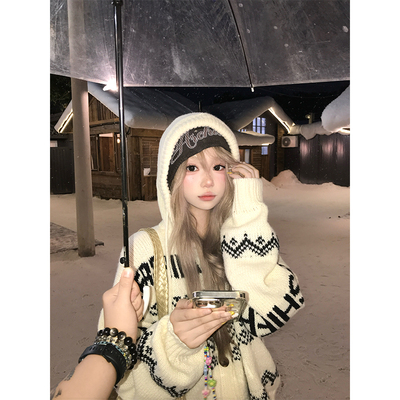 JMJ 美式慵懒风费尔岛提花连帽针织毛衣男女秋冬宽松百搭毛衫外套