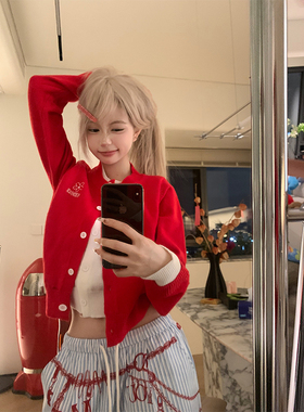 JMJ 美式字母绣花假两件针织开衫毛衣女宽松休闲慵懒显瘦短外套