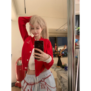 毛衣女宽松休闲慵懒显瘦短外套 字母绣花假两件针织开衫 JMJ 美式