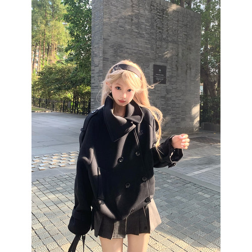 JMJ 美式复古双排扣大翻领廓形短款风衣夹克女秋冬宽松大衣外套