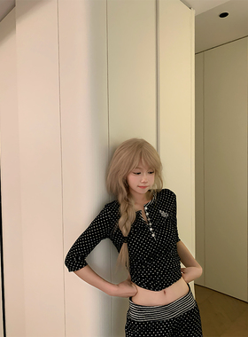 JMJ美式慵懒波点满印短袖T恤夏季女辣妹休闲显瘦正肩百搭露脐上衣