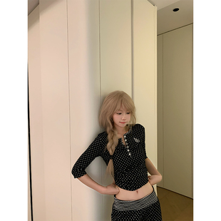 女辣妹休闲显瘦正肩百搭露脐上衣 T恤夏季 JMJ美式 慵懒波点满印短袖