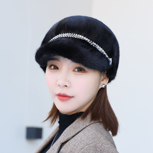 貂皮帽子女冬款加厚貂毛皮草整貂秋冬百搭护耳女款鸭舌帽显脸小潮