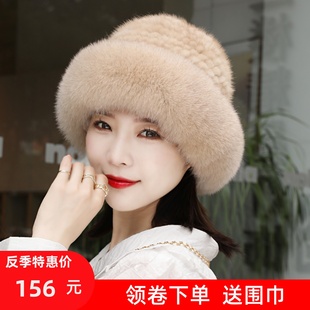 貂毛帽子女冬天水貂皮草秋冬韩版真毛百搭狐狸毛渔夫帽潮保暖护耳