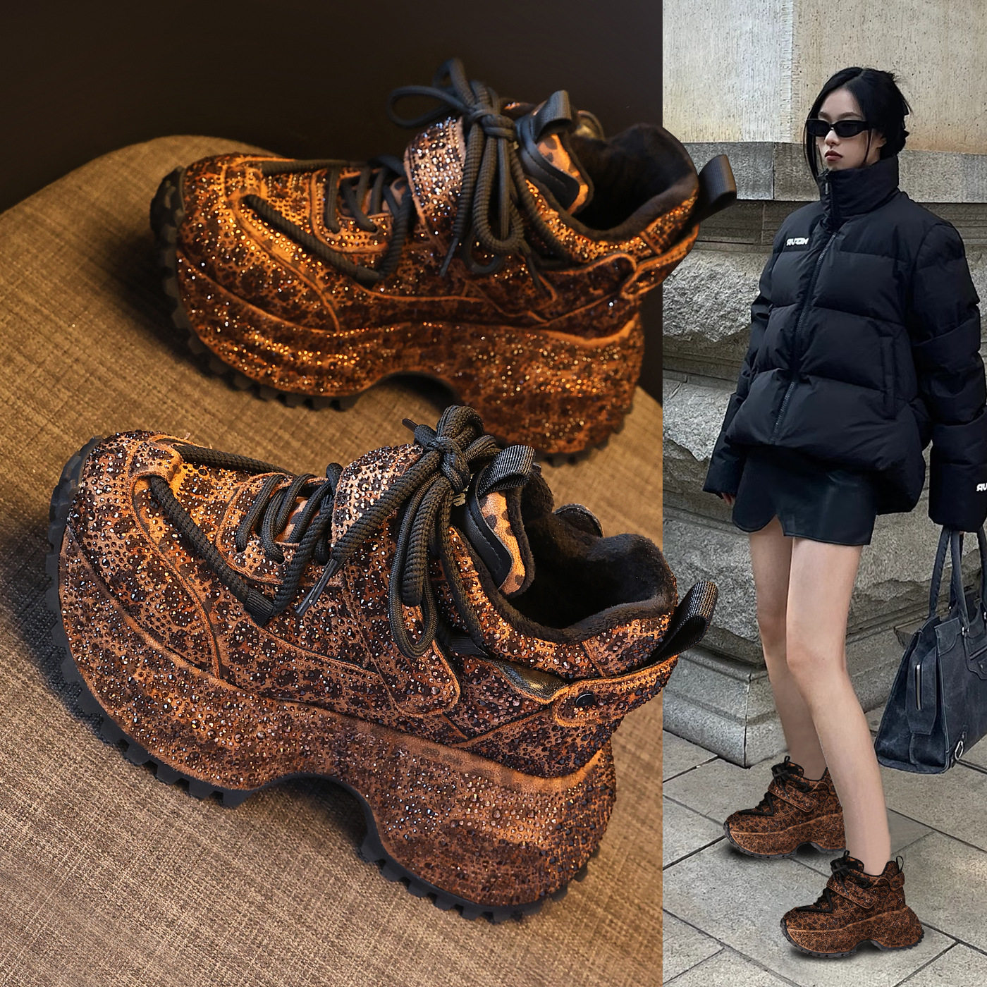 厚底内增高时尚满钻老爹鞋女2025秋冬季新款加绒运动休闲鞋轻便潮,女鞋,时尚休闲鞋,淘宝优惠券,粉丝福利购,淘宝优惠卷