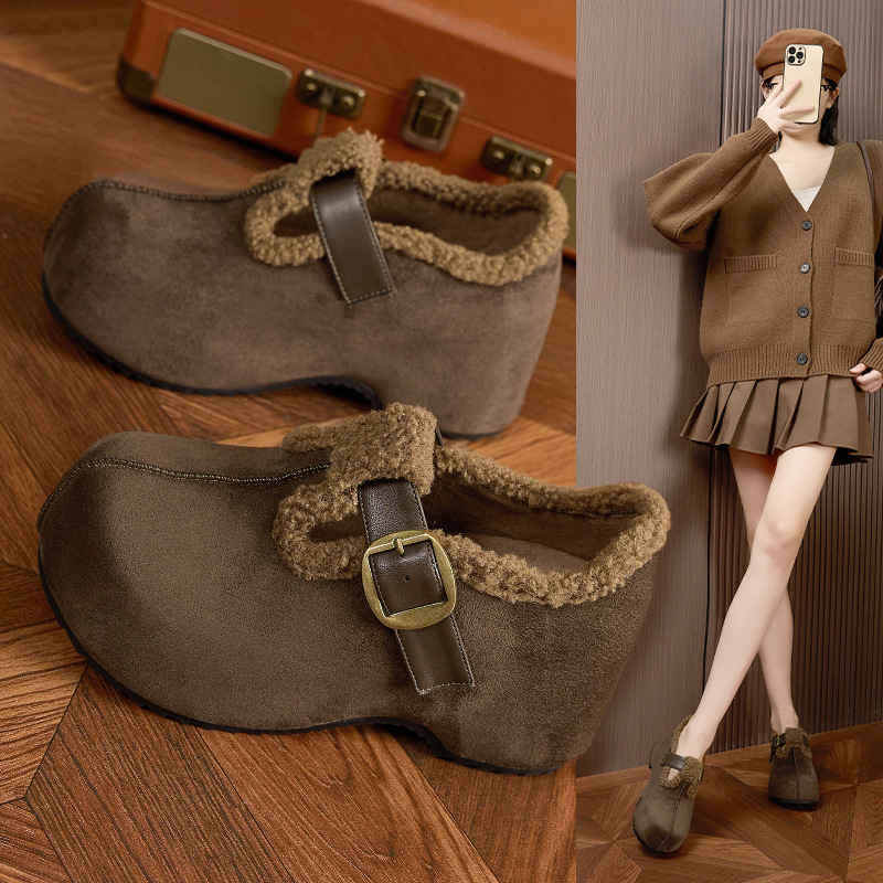内增高毛呢勃肯鞋女2025秋冬新款加绒保暖乐福鞋防滑厚底百搭棉鞋