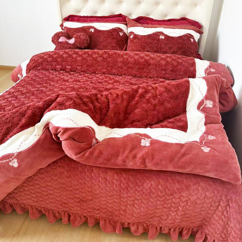 酒红兔兔绒加厚结婚四件套爱心