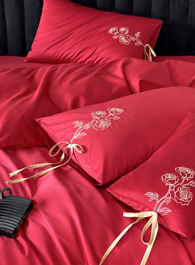 红色玫瑰花刺绣婚庆长绒棉四件套结婚全棉被套蝴蝶结床单喜庆床品