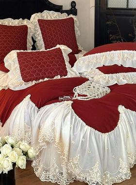 公主宫廷风红色结婚庆纯棉四件套复古被套长绒棉磨毛出嫁床盖床品