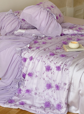 紫色少女心兰精天丝空调被凉感四件套夏季花边夏凉被丝滑夏被公主