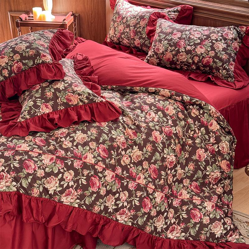 中古风花边印花全棉床裙式四件套