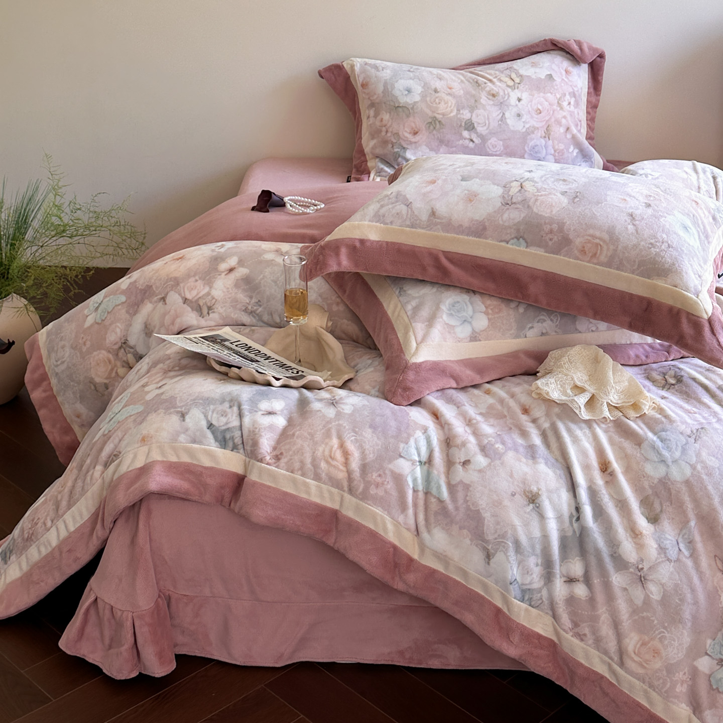 莫奈风冬季加厚慕丝牛奶绒四件套