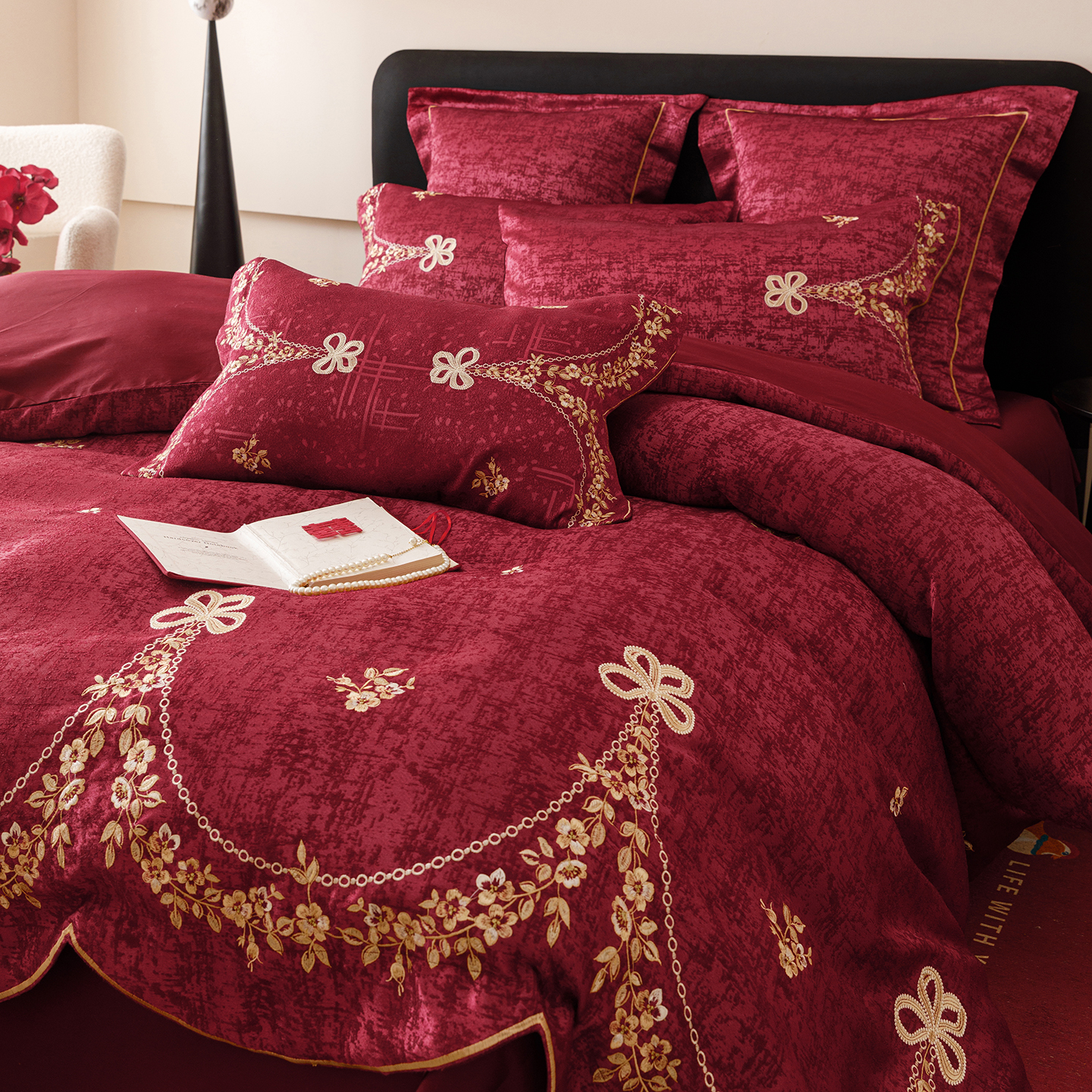 法式刺绣长绒棉婚庆四件套酒红