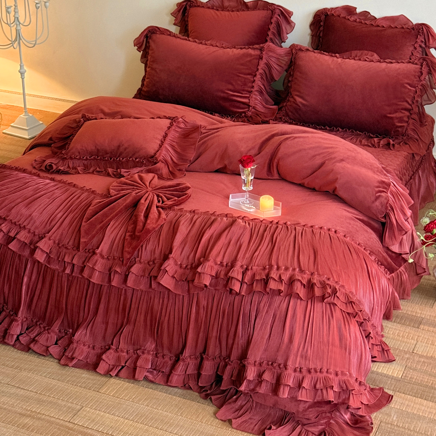 法式红色蝴蝶结牛奶绒四件套