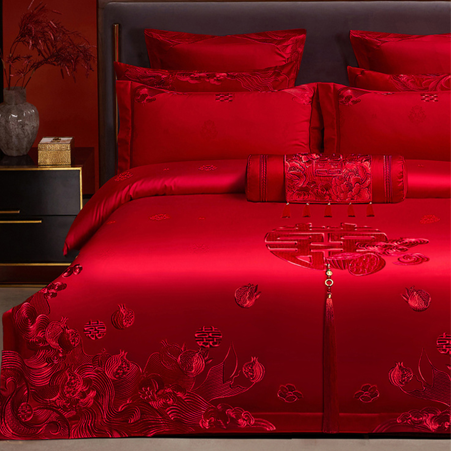 刺绣婚庆四件套龙凤大红色长绒棉