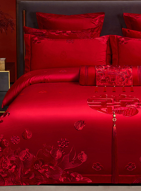 100S长绒棉婚庆四件套刺绣龙凤婚房床上用品大红色喜被子结婚床品