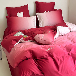 现代婚礼红色140支全棉四件套高级感结婚被套纯棉长绒棉床单床品4