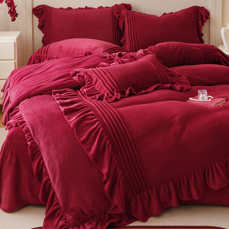 结婚庆褶皱牛奶绒花边四件套高端公主风被套珊瑚绒冬季酒红色床品,床上用品,婚庆床品套件,淘宝优惠券,粉丝福利购,淘宝优惠卷