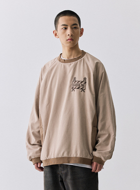 YKHD拼色插肩复古套头卫衣美式刺绣贴布潮流卫衣男外套oversize