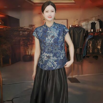 新中式青花瓷香云纱小衫2025夏季新款国风印花高端时尚桑蚕丝上衣