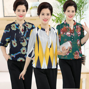 妈妈装雪纺衫中老年女装夏季上衣40-50岁中年短袖衬衫夏装套装60