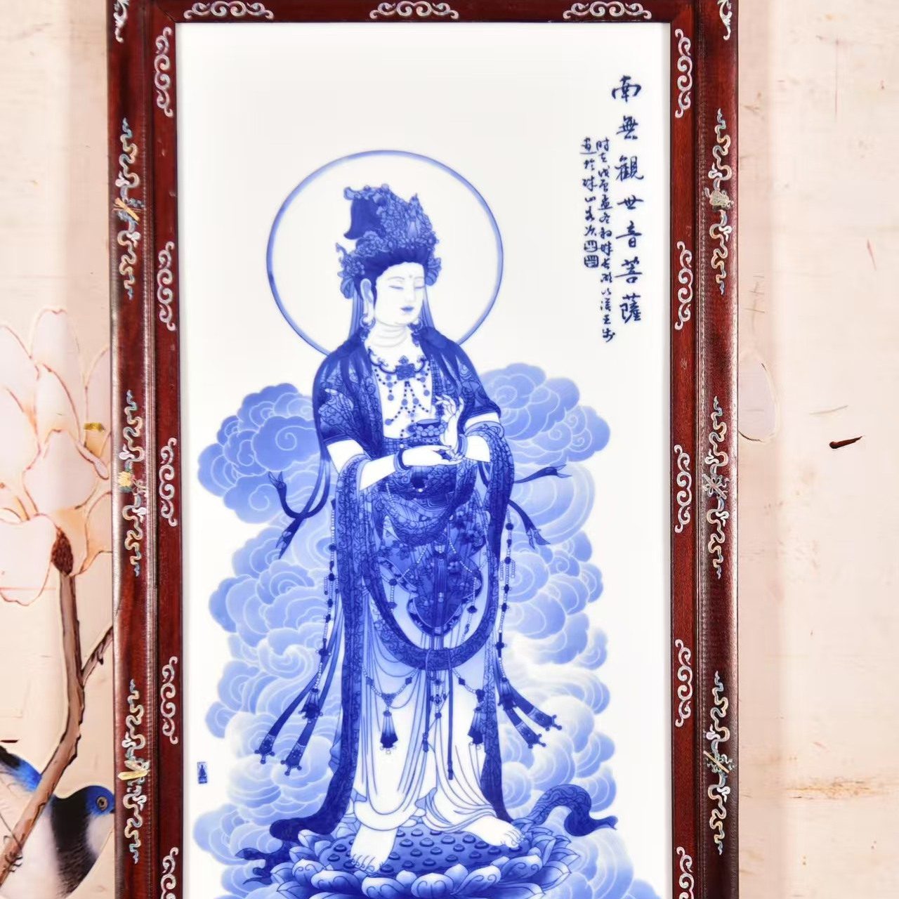 瓷板画花梨木镶青花描金人物