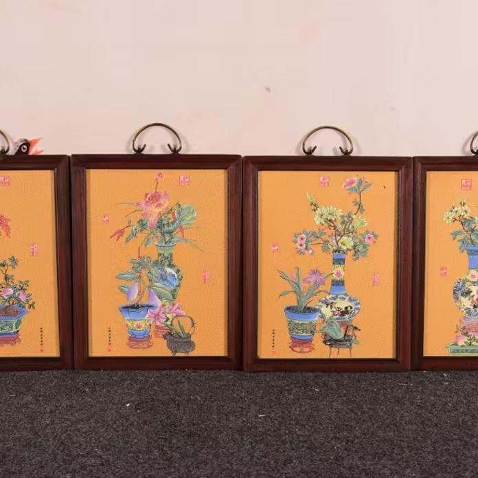 红木镶景德镇瓷板画陶瓷挂画中堂玄关酒店走廊装饰画手绘花卉花瓶