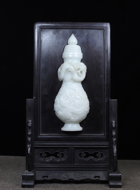 古玩杂项旧藏老黑檀木葫芦瓷板画