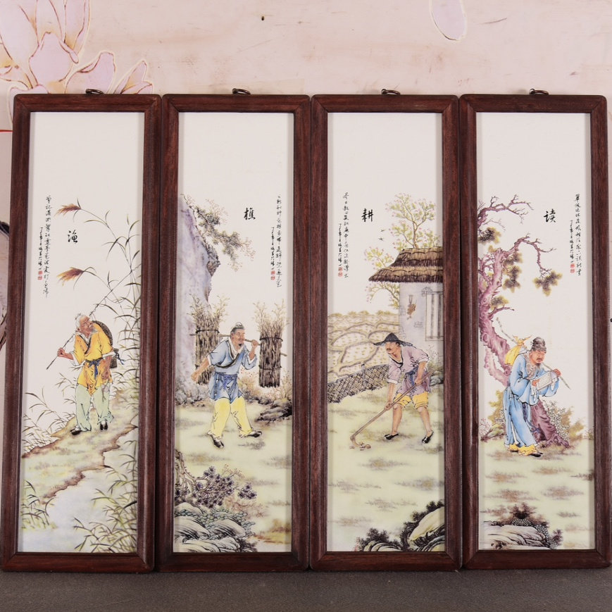 古玩花梨木镶珐琅彩人物瓷板画