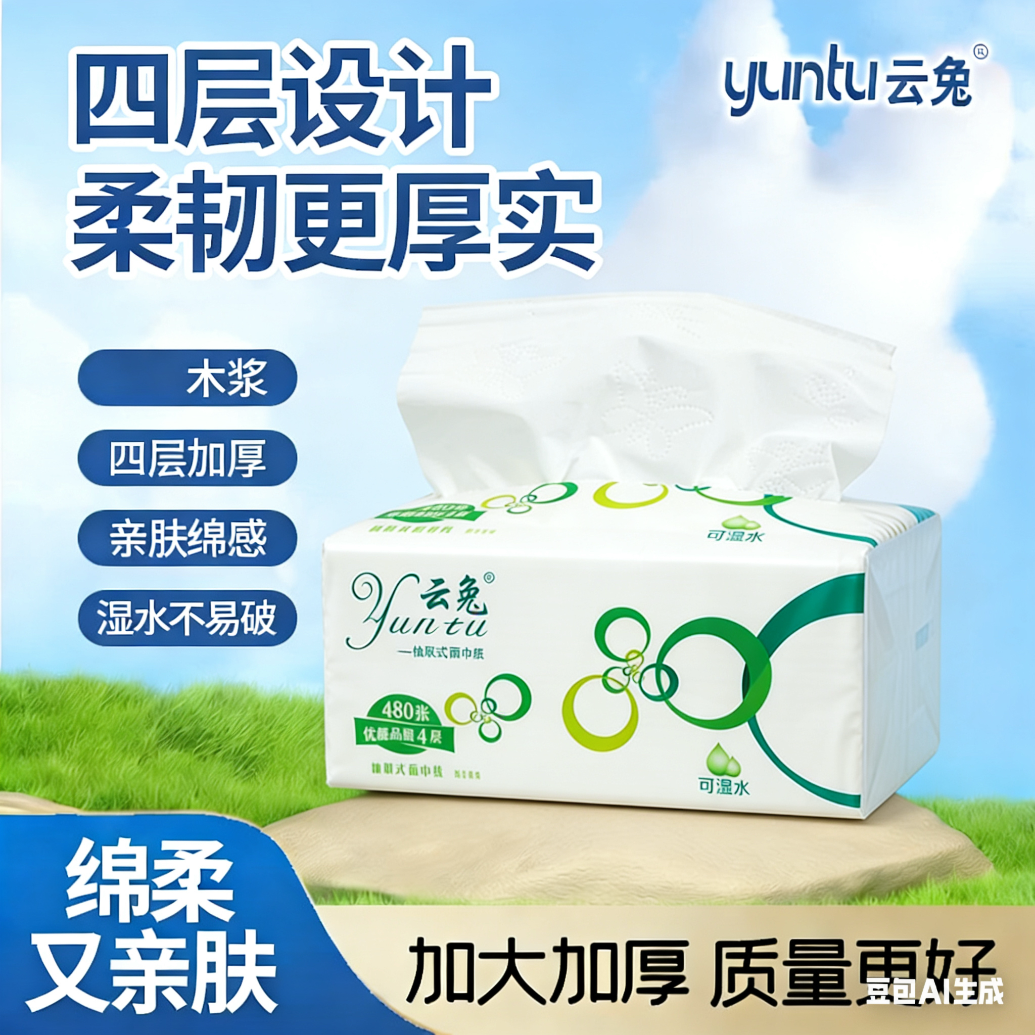 170云兔原木浆干湿两用面巾纸抽纸四层(80包)*480张拍