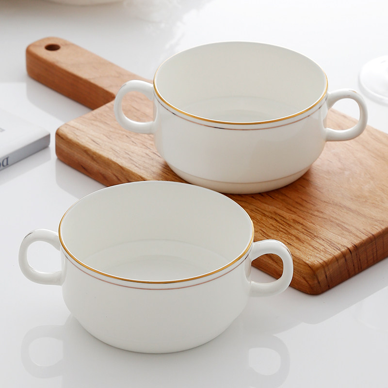 金边双耳早餐碗骨瓷汤盅炖盅西餐双耳汤盅陶瓷手柄碗汤杯甜品盅杯