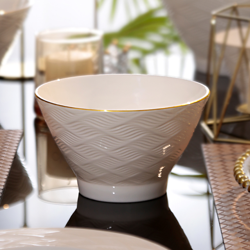 浮雕餐具米饭碗面碗陶瓷碗碟家用骨瓷菜盘汤碗金边的斗笠碗深盘