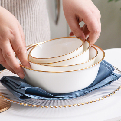 轻奢酒店餐厅金边骨瓷大面碗深碗7英寸白瓷碗汤碗家用中碗二大碗