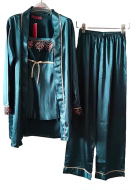 升派女士南韩丝绸春秋长袖长裤绣花吊带背心三件套绿色睡衣套装家