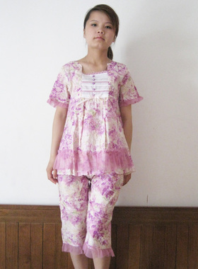 升派女方领半袖七分裤碎花浅紫睡衣家居服睡衣套装小码夏季