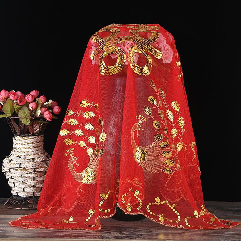 新娘红盖头蕾丝透明凤凰刺绣