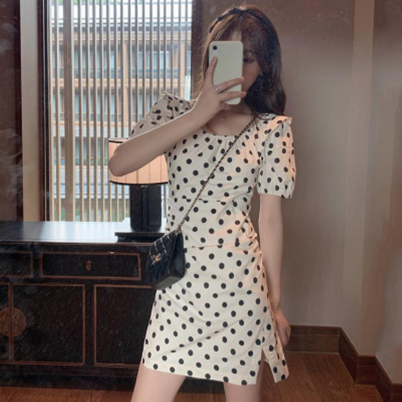 Bubble sleeve Polka Dot Dress 2021 new summer close waist show thin skirt children's French A-line skirt temperament skirt