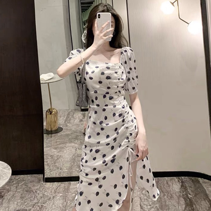 French retro square shoulder deep fried Street wave point Chiffon square neck irregular split dress