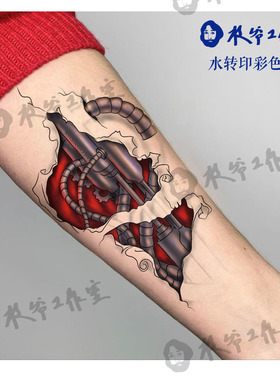 枝爷原创机械臂纹身贴3D立体赛博朋克科技AI帅气男生花臂发3张