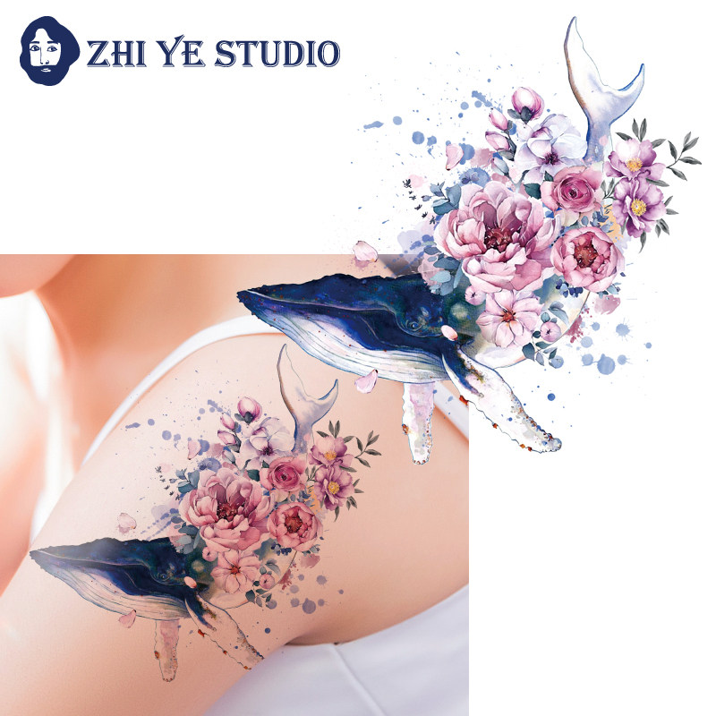 枝爷原创花吃了那鲸鱼少女花臂大纹身贴ins风大鱼海棠买一送一