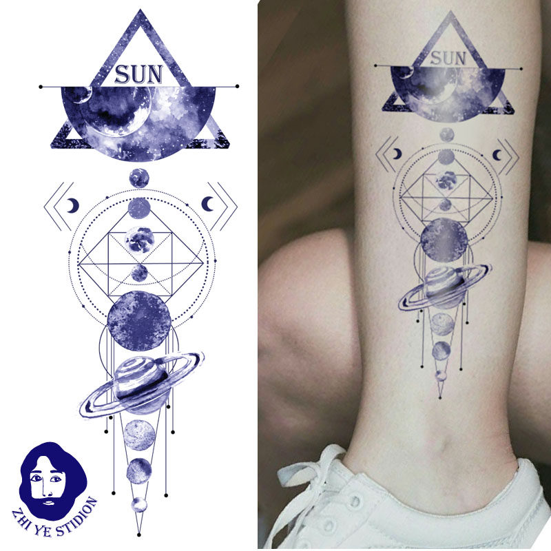 枝爷原创九大行星天空宇宙星辰社会潮牌指南针花臂男女纹身贴无毒