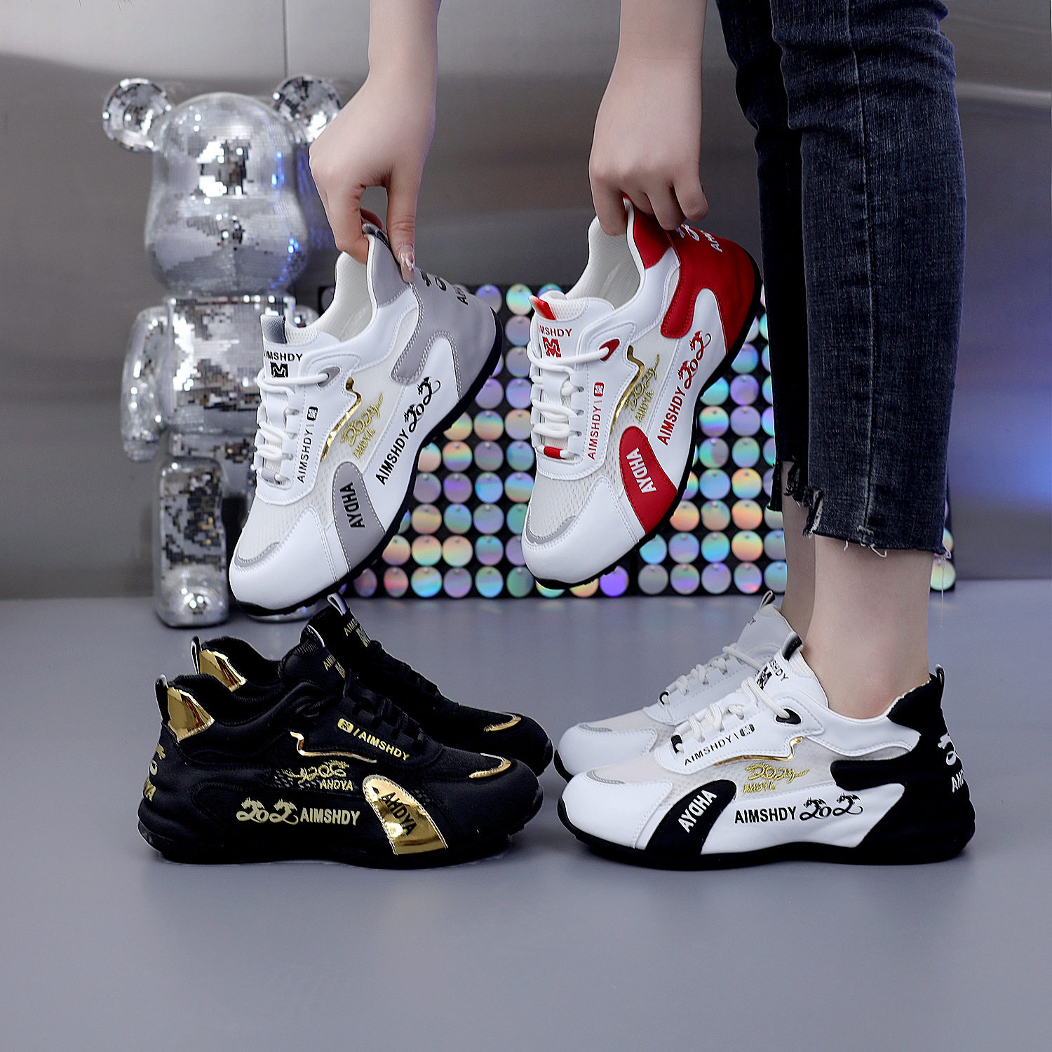 香港品牌新款皮蓬老爹鞋跑步鞋软底透气情侣款百搭鞋男女运动鞋