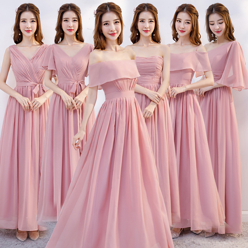 姉妹団のピンクの付き添い人の服の長い金2021新型の結婚式の服のスカートの女性の仙人の気質の夏はやせているシフォンの簡潔さを現します