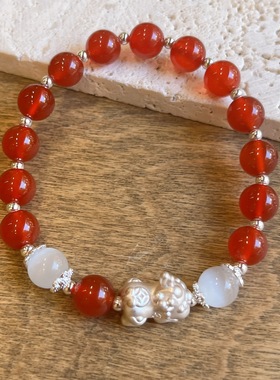 天然红玛瑙手链女新中式s999银貔貅国学手串黑玛瑙情侣款秋冬