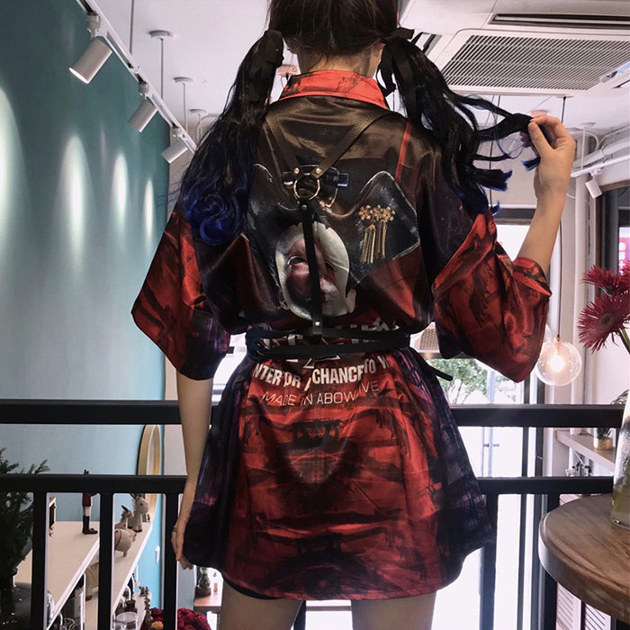 元氣少女 韓國ulzzang原宿風舞伎印花短袖襯衫寬松百搭短袖襯衣女