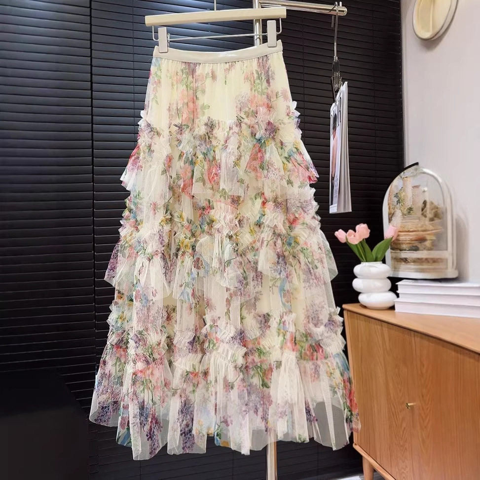 上海顾盼笙服饰顾盼生重工拼接印花网纱蛋糕裙半身裙女新款碎花蓬