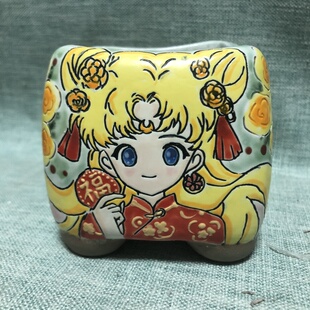 卡通美少女战士方形陶瓷花盆可爱动漫萝莉少女心手绘花盆