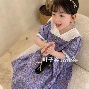 韩版儿童裙子夏季新款女童纯棉蕾丝拼接森系紫色小碎花连衣裙
