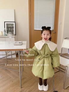 韩版儿童外套棉服冬季新款女童洋气大翻领纯色中长款收腰羽绒服