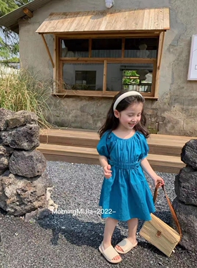 韩版儿童裙子23夏季新款洋气女童棉布设计感收腰蓝色宝宝连衣裙